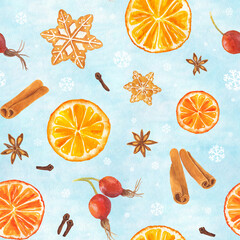 Watercolor seamless pattern with Christmas gingerbread cookies, orange, rose hip, star anise and cinnamon