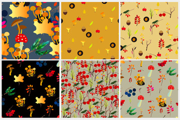 Autumn vector seamless pattern set with berries, acorns, pine cone, mushrooms, branches and leaves.