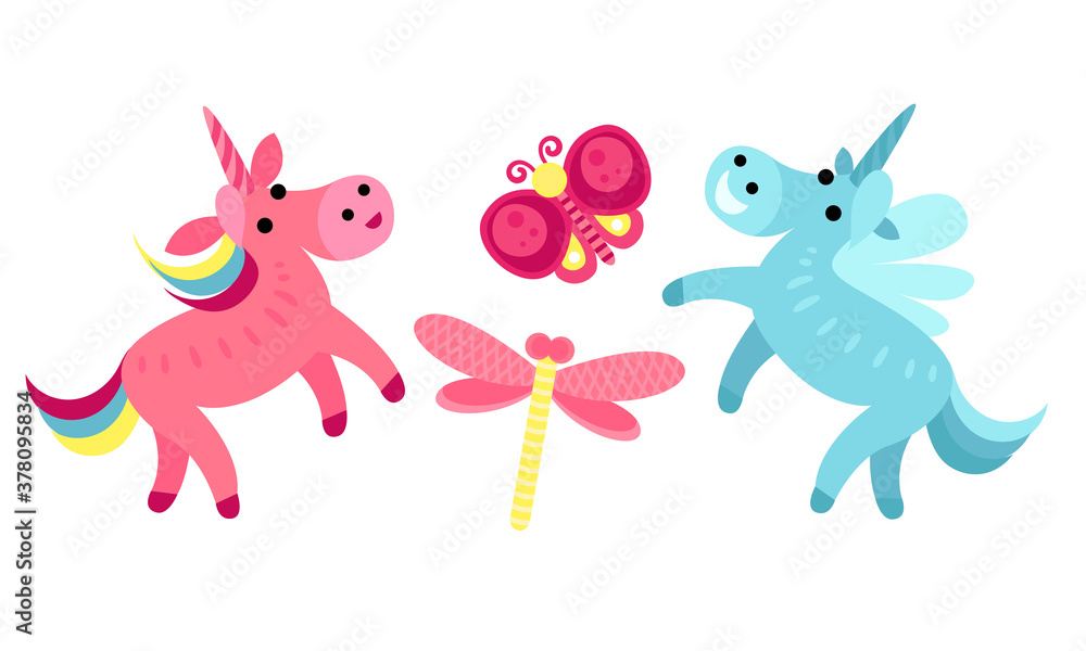 Poster fairy attributes with unicorns and butterfly vector set