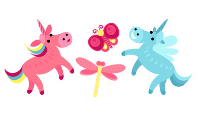 Fairy Attributes with Unicorns and Butterfly Vector Set
