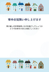 街並みと丸い輪の模様背景の年賀状イラスト