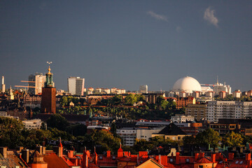 Stockholm, Sweden  The rooftops of Vasastan, Rodaberget, on Kungsholmen. Globe and City Hall.