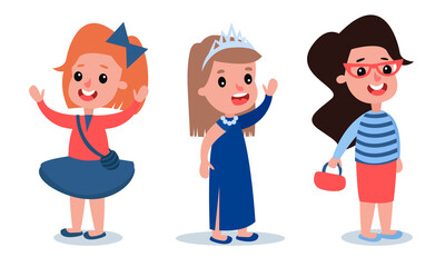 Little Girl Characters Dressed in Fashionable Garment Vector Set