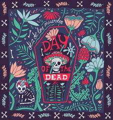 Hand-drawn illustration for Day of the Dead holiday. Floral ornament with skull and bones. Mexican national flavor
