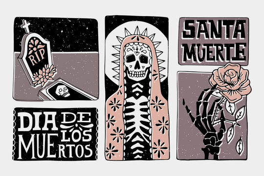 Santa Muerte. Hand drawn comic book style illustration. Dia de los muertos. Print for t-shirts, invitations, cards, clothes, bags, posters