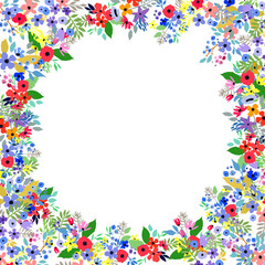 Floral frame made of flowers. Wildflowers leaves and branches. Vector illustration.