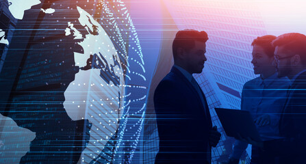 Silhouettes of business people over modern cityscape background with globe hologram, collage