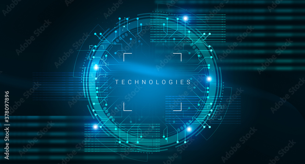 Poster technology background with abstract hud circle and technologies lettering, creative illustration