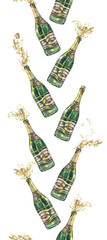 Watercolor green champagne bottle with cork flying