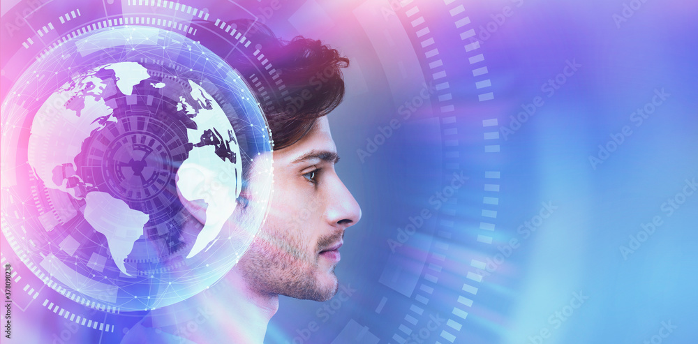 Poster AI And ModernTechnologies. Profile of man with digital globe hologram as brain