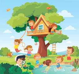 Obraz na płótnie Canvas Children kids play hanging out arond tree house, tree fort, treeshed summer camp activities leisure. Child hangout. Children fooling around, having fun in fine good mood outdoors adventures.