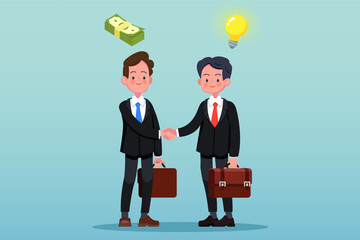 Two businessmen, one asian and one caucasian, shaking hands. 
isolated on Bluish green background.
