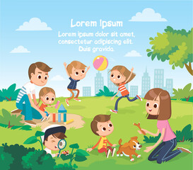 Obraz na płótnie Canvas Vector portrait of happy family members relax rest play outdoors in the park doing summer activities.Parents with children spend weekend together, mother, father and children having fun on playground.