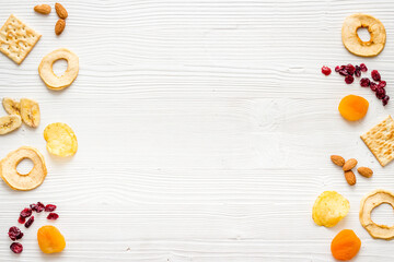 Flat lay of appetizers and snacks overhead. Nuts and dried fruits with crackers
