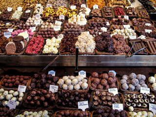 Chocolate bon-bons in the Boqueria market in Barcelona, Spain