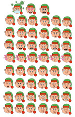 cartoon christmas helper santa claus elves with different emotions. large set of isolated emoji on a white background. vector stock illustrations. part 1