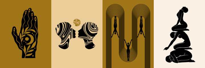 Vector set of hand drawn illustration yogi, geometrical elements, fortune teller's hand. Surreal artworks. Template for card, poster, banner, print for t-shirt, pin, badge, patch.