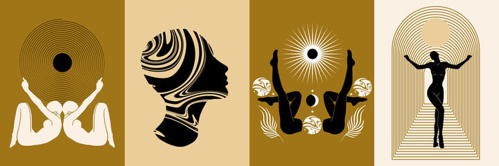 Vector set of hand drawn illustration yogi, geometrical elements,female profile. Surreal artworks. Template for card, poster, banner, print for t-shirt, pin, badge, patch.