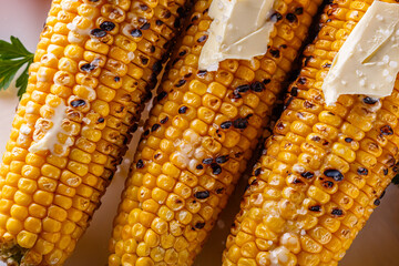 grilled corn cob on white wooden rustic background