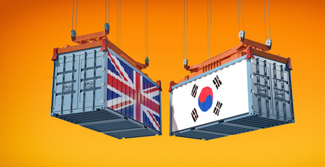 Cargo containers with United Kingdom and South Korea flag. 3D Rendering 