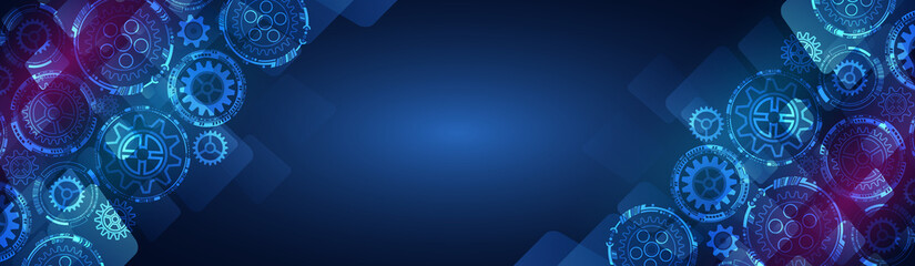 Wide Hi tech futuristic technology background. Abstract Engineering, Communication, Sci fi cover concept. Mechanism with gear and cogwheel.