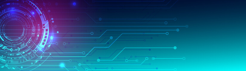 Wide Digital technology concept on the blue background. Circuit board vector illustration. Abstract futuristic sci fi template.