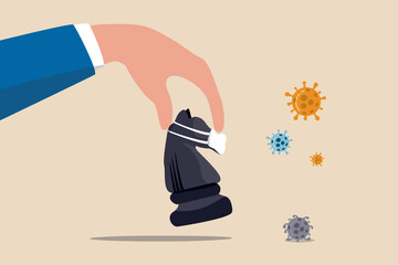 Business strategy in crisis, solution or idea to pass Coronavirus COVID-19 pandemic concept, investor or company owner hand holding chess knight wearing face mask to fight with Coronavirus pathogen. © Nuthawut