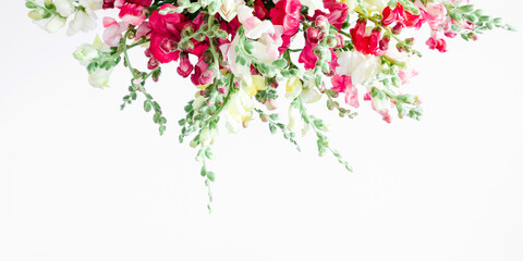 Beautiful flowers composition. Frame made of colored flowers on white background. Flat lay, top...