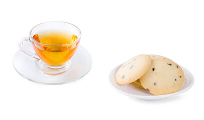 Tea in glass cup and cookie isolated on white background.clipping path.
