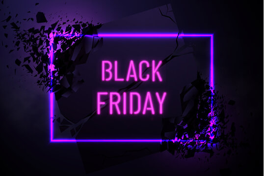Black Friday Sale Vector Banner with neon glowing frame and explosion effect. Vector promo background