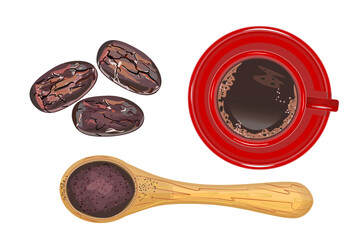 Set of cocoa. Cocoa powder, wooden spoon, cacao beans and cup of hot chocolate isolated on white background. Object top view. For label, banner, packing,logo or poster design.Stock vector illustration