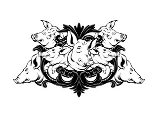 Vector hand drawn illustration of pigs with baroque frame isolated. Creative tattoo artwork. Template for card, poster, banner, print for t-shirt, pin, badge, patch.