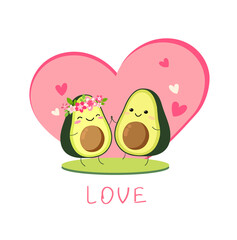 Cute vector cartoon avocado couple holding hands, Valentine's day greeting card. Funny poster. .two avocado lovers on the lawn on the background of a pink heart. isolated on white background.