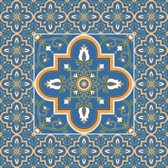 Tiles pattern ceramic background vector with arabesque motifs. Big element in frame. Print with italian sicily mosaic, portugal azulejos, mexican talavera, moroccan, arabic, spanish majolica.