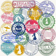 Bristol England Set of Stamps. Travel Stamp. Made In Product. Design Seals Old Style Insignia.