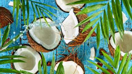 Freeze Motion Top Shot of Water Splashing on Coconut, close-up