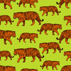 Naklejka premium Modern seamless vector tropical colourful pattern with walking lined tigers on green background. Can be used for printing on paper, stickers, badges, bijouterie, cards, textiles. 
