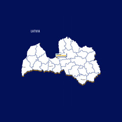 Vector map of Latvia with border, cities and capital Rica. Each city has separately for your design. Vector Illustration