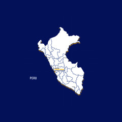 Vector map of Peru with border, cities and capital Lima. Each city has separately for your design. Vector Illustration