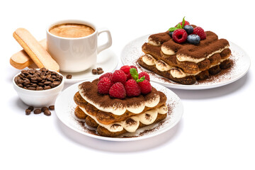 two portions of Classic tiramisu dessert with raspberries and blueberries and cup of fersh hot espreso coffee isolated on white