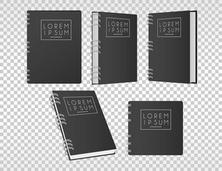 five notebooks mockup color black icons