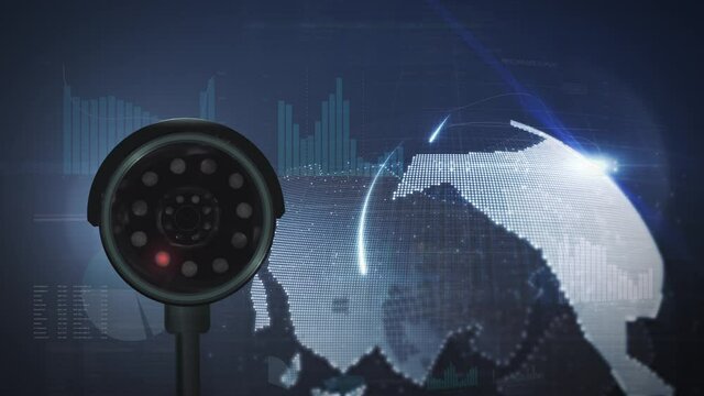 Observation security camera monitors digital world globe