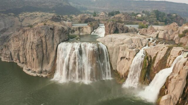 Heavenly Shoshone Falls, Twin Falls, Idaho, USA. Drone Aerial View of Snake River Famous Cascading Waterfalls on Summer Day, Static 4K