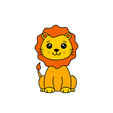 Cute little lion in Kawaii style. Cartoon character. Baby shower card. Funny lion sitting and smiling. Isolated on white background. Wildlife Animal king. Vector illustration, flat, clip art, outline