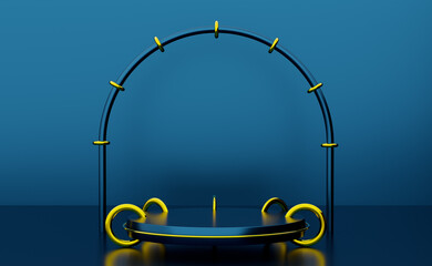 podium empty with geometric shapes in blue composition for modern stage display and minimalist mockup ,abstract showcase background ,Concept 3d illustration or 3d render