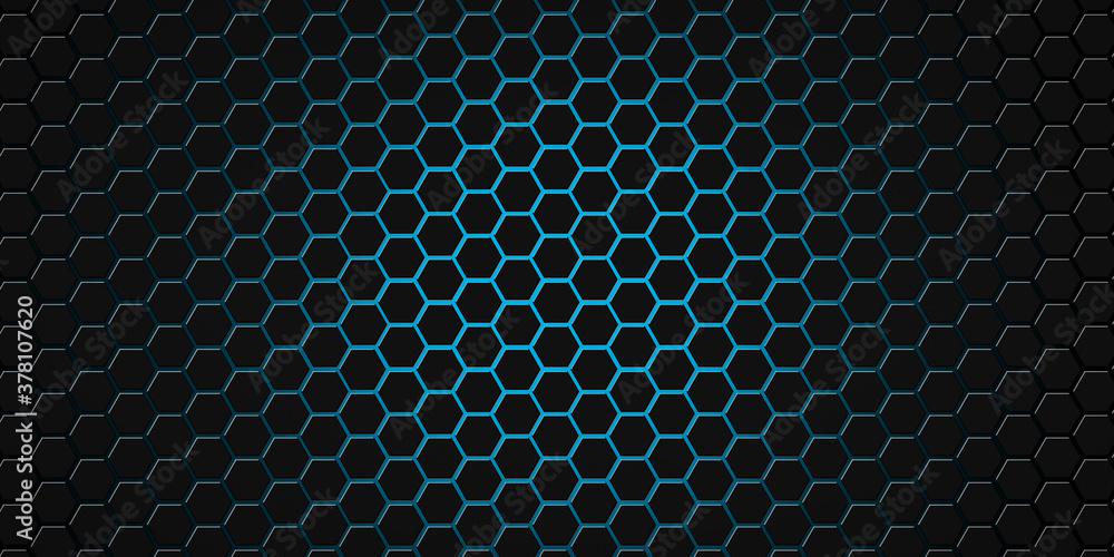Poster 3d Rendering Of Futuristic Hexagon Mesh Background In Blue And Black Colors