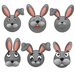 Set of cartoon hares with different emotions gray muzzle children's illustration vector