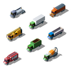 Vector set of vehicle isometric collection of colorful transportation. Commercial, construction and service trucks isolated on white background.