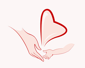 Adoption vector icon.Mother and child hands with a heart as symbol of parental love.Beautiful family illustration isolated on light background.