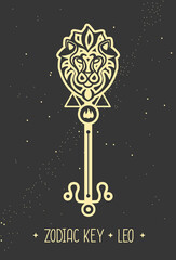 Obraz na płótnie Canvas Modern magic witchcraft card with astrology Leo zodiac sign. Magic key silhouette
